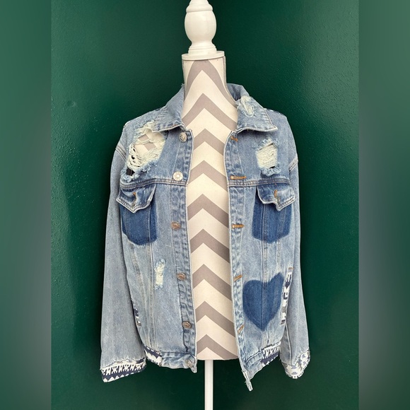 POL Jackets & Blazers - POL Blue Denim Jacket with Heart Patches